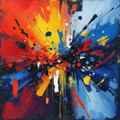 The primary subject of the image is a painting featuring a colorful, abstract design. The setting is a black background, which contrasts with the vibrant colors of the painting. The visual style is a mix of digital art and illustration, creating a unique and eye-catching piece. The dominant colors in the painting are red, yellow, blue, and orange, which contribute to a lively and energetic atmosphere.